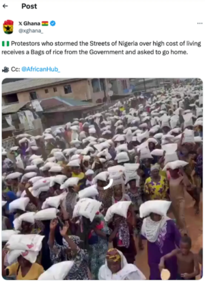 Read more about the article FALSE: This video doesn’t show protesters in Nigeria carrying bags of rice donated by government